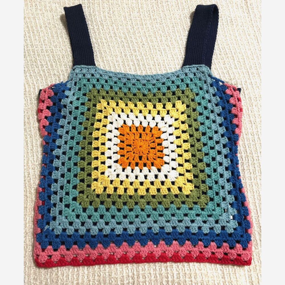 Andree Granny Square Crochet Tank Top Colorful Boho Festival Retro 70s Indie S